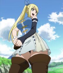 Rule 34 | 1girl, blonde hair, blue sky, breasts, cloud, fairy tail, large breasts, lucy heartfilia, ponytail, screencap, sky, solo, thighs