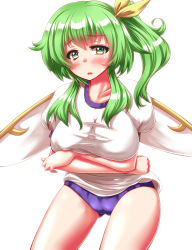 Rule 34 | 1girl, blush, breasts, buruma, cameltoe, collarbone, commentary request, crossed arms, daiyousei, fairy wings, green eyes, green hair, gym uniform, hair ribbon, highres, large breasts, looking at viewer, matching hair/eyes, open mouth, puffy short sleeves, puffy sleeves, purple buruma, ribbon, shirt, short sleeves, side ponytail, solo, touhou, wings, zan (harukahime)