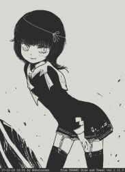 1girl cowboy_shot dress fang grey_background greyscale keida_riiko long_hair looking_at_viewer monochrome original simple_background slit_pupils smile solo thighhighs