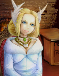 Rule 34 | 10s, 1girl, bad id, bad pixiv id, blonde hair, blue eyes, chair, coat, desk, final fantasy, final fantasy xiv, fireplace, hair up, horns, jewelry, kan-e-senna, lipstick, makeup, necklace, oohiro rin, padjal, sitting, smile, solo