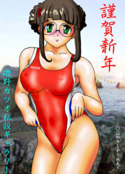 Rule 34 | 00s, 1girl, 2004, adjusting clothes, adjusting swimsuit, artist request, blush, breasts, brown hair, cleavage, collarbone, covered erect nipples, double bun, glasses, green eyes, hair bun, hair ornament, happy new year, large breasts, looking at viewer, lowres, new year, ocean, one-piece swimsuit, red one-piece swimsuit, rock, sky, smile, standing, swimsuit, water