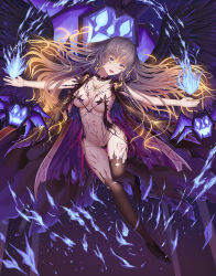 Rule 34 | 1girl, areola slip, bad id, bad pixiv id, black thighhighs, blue fire, breasts, brown hair, cape, cleavage, fire, full body, highres, jewelry, large breasts, long hair, looking at viewer, monster, navel, necklace, open mouth, original, outstretched arms, purple eyes, revealing clothes, rinmmo, smile, solo, stitches, tattoo, thighhighs, thighs