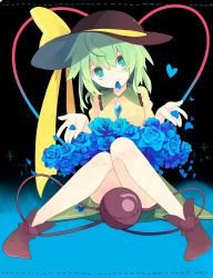 Rule 34 | 1girl, akimaki yuu, blue flower, blue rose, boots, convenient censoring, eyeball, flower, full body, gradient background, green eyes, green hair, hat, hat ribbon, head tilt, heart, heart of string, highres, knees together feet apart, komeiji koishi, long sleeves, looking at viewer, matching hair/eyes, mouth hold, petals, ribbon, rose, shirt, sitting, skirt, solo, stitches, string, third eye, touhou