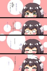 Rule 34 | &gt; &lt;, 1girl, 4koma, :&gt;, ^^^, absurdres, azur lane, blush, brown hair, chibi, closed eyes, closed mouth, comic, commander (azur lane), commentary request, curled horns, flying sweatdrops, gloves, headpat, highres, horns, kurukurumagical, long sleeves, mikasa (azur lane), notice lines, o o, out of frame, parted lips, smile, translation request, v-shaped eyebrows, white gloves, yellow eyes