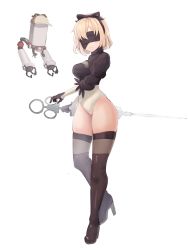 Rule 34 | 1girl, 2b (nier:automata) (cosplay), black ribbon, blindfold, blonde hair, boots, breasts, cosplay, foxxarius, frown, full body, high heel boots, high heels, highres, hololive, hololive english, large breasts, leotard, nier:automata, nier (series), pod (nier:automata), ribbon, short hair, skindentation, solo, sword, thigh boots, thighhighs, thighs, virtual youtuber, watson amelia, weapon, white background