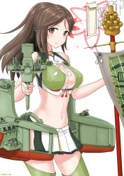 Rule 34 | 1girl, adapted turret, amagi (kancolle), bare shoulders, blush, breasts, brown eyes, brown hair, cleavage, collarbone, commentary request, cowboy shot, crop top, cypress, flight deck, flight deck scroll, green thighhighs, groin, hair ornament, high ponytail, highres, holding, holding staff, kantai collection, large breasts, leaf hair ornament, long hair, looking at viewer, midriff, mole, mole under eye, navel, onmyouji, parted bangs, ponytail, rigging, shikigami, sidelocks, simple background, skirt, smile, solo, staff, standing, thighhighs, twitter username, white background, white skirt, wide ponytail, zettai ryouiki
