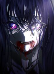 Rule 34 | 1girl, absurdres, blood, blood drip, blood from mouth, blood on clothes, blood on face, close-up, commentary, crying, dying, ela (lilyvalley8), eyelashes, highres, hoshino ai (oshi no ko), long hair, messy hair, multicolored eyes, oshi no ko, pink eyes, purple eyes, purple hair, solo, spoilers, star-shaped pupils, star (symbol), symbol-shaped pupils, teeth
