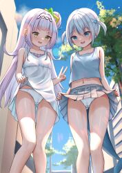 Rule 34 | 2girls, absurdres, blue eyes, blue tank top, breasts, brown eyes, cameltoe, cleft of venus, clothes lift, cloud, dress, dress lift, fins, fish tail, gawr gura, gluteal fold, grey hair, grey skirt, hair bobbles, hair bun, hair ornament, hairband, highres, hololive, hololive english, legs, lifted by self, long hair, midriff, miniskirt, multiple girls, murasaki shion, navel, open mouth, outdoors, panties, pleated skirt, ray peng, shark girl, shark tail, sharp teeth, short dress, short hair, skirt, skirt lift, sky, sleeveless, sleeveless dress, small breasts, smile, sundress, tail, tank top, teeth, thigh gap, thighs, twintails, underwear, v, virtual youtuber, white dress, white panties