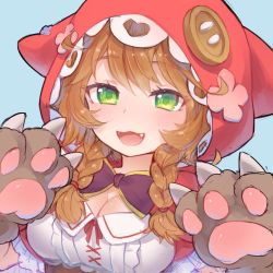 Rule 34 | 13o, 1girl, animal hands, bad id, bad twitter id, blue background, blush, braid, breasts, brown hair, buttons, cleavage, commentary, fang, gloves, green eyes, hair between eyes, hair ribbon, highres, hood, hood up, large breasts, long hair, looking at viewer, nijisanji, open mouth, paw gloves, ribbon, shirt, simple background, sketch, smile, solo, twin braids, upper body, virtual youtuber, warabeda meijii, warabeda meijii (1st costume), white shirt