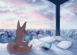 Rule 34 | 1other, absurdres, animal ears, animal feet, animal hands, bed, blue sky, body fur, building, cellphone, cityscape, cloud, computer, day, dog ears, dog tail, earphones, from behind, full body, furry, hand up, highres, holding, indoors, jpeg artifacts, keyboard (computer), laptop, mayumochini, on bed, orange fur, original, other focus, paper, phone, pillow, scenery, sitting, sky, skyscraper, solo, sunrise, tail, two-tone fur, white fur, window