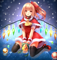 Rule 34 | 1girl, ascot, bad id, bad pixiv id, bell, black thighhighs, blonde hair, blush, capelet, flandre scarlet, hair ribbon, jingle bell, long hair, mary janes, open mouth, red eyes, red footwear, ribbon, santa costume, shoes, side ponytail, sitting, smile, solo, thighhighs, touhou, tsukiriran, wariza, wings, wrist cuffs
