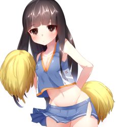 Rule 34 | 10s, 1girl, black hair, blue shirt, blue skirt, boruhis, breasts, brown eyes, cheerleader, cleavage, crop top, crop top overhang, expressionless, groin, hatsuyuki (kancolle), kantai collection, long hair, looking at viewer, microskirt, midriff, navel, no panties, pleated skirt, pom pom (cheerleading), shiny skin, shirt, simple background, skirt, small breasts, solo, white background