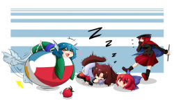 Rule 34 | &gt; &lt;, +++, 3girls, :3, ^^^, animal ears, apple, ball, blue hair, bow, brooch, brown hair, cape, closed eyes, disembodied head, fang, fins, food, fruit, hair bow, head fins, head on ground, headless, heart, highres, imaizumi kagerou, japanese clothes, jewelry, kimono, long sleeves, mermaid, monster girl, multiple girls, obi, open mouth, red eyes, red hair, sash, sekibanki, shirt, skirt, sleeping, tail, tail wagging, touhou, trembling, wakasagihime, wide sleeves, wolf ears, wolf tail, wool (miwol), x3, zzz