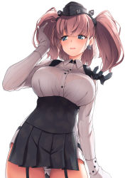 Rule 34 | 1girl, atlanta (kancolle), awa yume, black hat, black skirt, bra visible through clothes, breasts, brown hair, buttons, collared shirt, cowboy shot, earrings, garrison cap, garter straps, gloves, grey eyes, hat, high-waist skirt, highres, jewelry, kantai collection, large breasts, long hair, long sleeves, open mouth, partially fingerless gloves, shirt, simple background, skirt, solo, star (symbol), star earrings, suspender skirt, suspenders, two side up, white background, white shirt