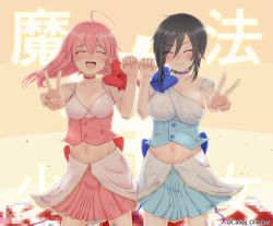 Rule 34 | 10s, 2girls, :d, ahoge, text background, black hair, blood, blood on clothes, blue skirt, blush, breasts, censored, choker, clenched hand, copyright name, dirty, dirty clothes, dirty face, closed eyes, grin, large breasts, looking at viewer, magical girl, mahou shoujo ore, midriff, mikage sakuyo, mosaic censoring, multiple girls, navel, open mouth, pink skirt, short hair with long locks, skirt, smile, uno saki, v, youjo climber