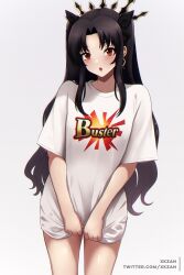 Rule 34 | 1girl, :o, bare legs, black hair, black ribbon, blush, bow, breasts, brown hair, buster shirt, cowboy shot, cropped legs, earrings, eyelashes, fate/grand order, fate (series), gold, gold earrings, hair bow, hair intakes, hair ornament, hair ribbon, highres, hoop earrings, ishtar (fate), jewelry, legs, long hair, midriff, open mouth, parted bangs, pov, print shirt, red eyes, red pupils, ribbon, shiny skin, shirt, shy, sidelocks, simple background, small breasts, standing, straight hair, t-shirt, tiara, tsundere, twintails, twitter username, two side up, very long hair, white background, white shirt, xkzan