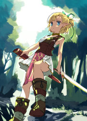 Rule 34 | 1girl, bare arms, bare shoulders, blonde hair, blue eyes, boots, brown footwear, buckle, choker, closed mouth, collarbone, dappled sunlight, day, earrings, elf, expressionless, forest, green choker, green ribbon, hair ribbon, highres, holding, holding sword, holding weapon, jewelry, knee boots, loincloth, looking at viewer, nature, no socks, nuqura, original, outdoors, pointy ears, ponytail, ribbon, rock, sheath, short hair, skirt, solo, standing, stud earrings, sunlight, sword, tareme, unsheathed, weapon, white skirt
