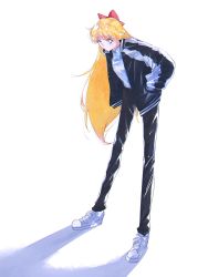 Rule 34 | 1990s (style), 1girl, absurdres, aino minako, bishoujo senshi sailor moon, black pants, blonde hair, blue eyes, breasts, bright pupils, collared shirt, hands in pockets, highres, leaning forward, long hair, long legs, looking to the side, medium breasts, pants, pochi (askas is god), retro artstyle, shadow, shirt, shoes, sneakers, solo, white footwear, white pupils, white shirt