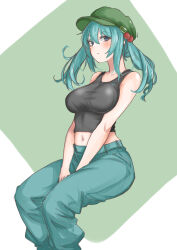 Rule 34 | 1girl, absurdres, aqua pants, arms between legs, bare shoulders, black tank top, blue eyes, blue hair, blush, breasts, bright pupils, cabbie hat, collarbone, crop top, feet out of frame, hat, highres, invisible chair, kawashiro nitori, kuraki, large breasts, looking at viewer, navel, pants, sidelocks, sitting, solo, stomach, tank top, touhou, twintails