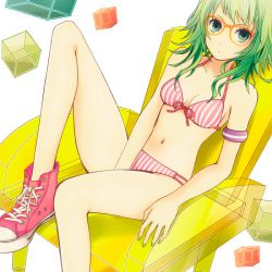 Rule 34 | 1girl, all star, bad id, bad pixiv id, bespectacled, bikini, chair, converse, eyelashes, feet on chair, front-tie top, glasses, green eyes, green hair, gumi, halterneck, legs, looking at viewer, matching hair/eyes, nail polish, navel, no socks, orange-framed eyewear, shoes, short hair, sitting, sneakers, solo, striped bikini, striped clothes, swimsuit, vertical-striped bikini, vertical-striped clothes, vocaloid, white background, wogura