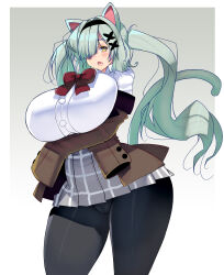 Rule 34 | 1girl, absurdres, animal ears, black pantyhose, bow, bowtie, breasts, cat ears, cat girl, cat tail, commission, curvy, gradient background, green hair, hair over one eye, hairband, high-waist skirt, highres, huge breasts, jacket, kouno (masao), long hair, microskirt, open clothes, open jacket, open mouth, original, pantyhose, simple background, skeb commission, skirt, solo, tail, thick thighs, thighs, twintails, very long hair, wide hips, yellow eyes