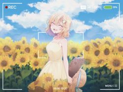 Rule 34 | 1girl, blonde hair, blue sky, blush, closed eyes, cloud, cowboy shot, dress, field, flower, flower field, hair ornament, hat, holding, holding clothes, holding hat, hololive, hololive english, mitsumine (ookami no oyashiro), sky, smile, solo, straw hat, sundress, sunflower, sunflower field, unworn hat, unworn headwear, user interface, virtual youtuber, watson amelia