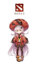 Rule 34 | 1girl, beret, black pantyhose, boots, brown footwear, chinese commentary, collared shirt, commentary request, copyright name, detached sleeves, dota (series), dota 2, full body, hair flaps, hair ornament, hat, highres, jokanhiyou, large hat, logo, long hair, looking at viewer, orange eyes, outstretched arms, pantyhose, personification, pink hair, puffy sleeves, red hat, red shorts, shirt, shorts, sleeves past wrists, smile, solo, spread arms, very long hair, white background