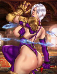 Rule 34 | 1girl, ass, breasts, breasts out, electricity, energy, glowing, highres, huge ass, isabella valentine, large breasts, leotard, looking at viewer, looking back, nipples, revealing clothes, short hair, soul calibur, sword, thong leotard, topless, transforming weapon, wardrobe malfunction, weapon, whip, whip sword