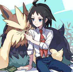 Rule 34 | 1boy, ahoge, belt, black hair, blue eyes, blue pants, blush, book, cheren (pokemon), closed mouth, commentary, creatures (company), game freak, gen 5 pokemon, looking to the side, necktie, nintendo, pants, pokemon, pokemon (creature), pokemon bw2, red neckwear, shirt, sleeves rolled up, stoutland, tpi ri, white shirt