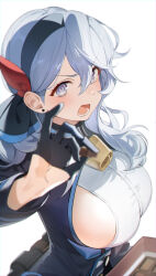 Rule 34 | 1girl, ako (blue archive), bell, black gloves, blue archive, blue eyes, blue hair, blue hairband, blue jacket, blurry, blurry foreground, blush, breasts, candy, chocolate, commentary, cowbell, earrings, eucha, food, gloves, hair between eyes, hairband, half gloves, highres, holding, holding chocolate, holding food, incoming food, jacket, jewelry, large breasts, long hair, long sleeves, looking at viewer, lower teeth only, neck bell, open mouth, red ribbon, ribbon, sideboob, simple background, single earring, solo, stud earrings, teeth, upper body, v-shaped eyebrows, white background