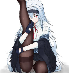 Rule 34 | bad id, bad pixiv id, blue hair, blush, girls&#039; frontline, gloves, hairband, hand on feet, highres, jacket, long hair, looking at viewer, panties, pantyhose, pantyshot, physisyoon, red eyes, shirt, simple background, skirt, solo, thunder (girls&#039; frontline), underwear