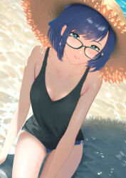 1girl a-chan_(hololive) alternate_costume aqua_eyes beach black-framed_eyewear black_tank_top blue_hair blue_shorts breasts closed_mouth cohi27151463 commentary cowboy_shot day dolphin_shorts from_above glasses hat hololive light_smile looking_at_viewer looking_over_eyewear outdoors short_hair short_shorts shorts sitting sleeveless small_breasts solo straw_hat tank_top virtual_youtuber