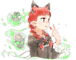 Rule 34 | 1girl, animal ears, bad id, bad pixiv id, black bow, blood, blood on hands, bow, braid, brooch, cat ears, closed mouth, collarbone, extra ears, eyebrows, eyelashes, facing away, fire, gem, green fire, hair bow, hand up, jewelry, kaenbyou rin, long hair, long sleeves, oishii ishiwata, pointy ears, puffy long sleeves, puffy sleeves, red eyes, red hair, simple background, skull, solo, tongue, tongue out, touhou, twin braids, upper body, v, white background