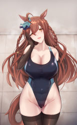 Rule 34 | 1girl, absurdres, ahoge, animal ears, artist request, bare shoulders, braid, breasts, brown hair, hair ribbon, highres, horse ears, long hair, looking at viewer, mejiro bright (umamusume), one-piece swimsuit, ribbon, shiny clothes, shiny skin, shower (place), smile, solo, swimsuit, tail, thighhighs, umamusume, very long hair