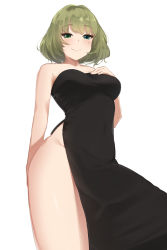 Rule 34 | 1girl, bare arms, bare shoulders, black dress, blue eyes, blush, breasts, brown hair, covered navel, curvy, dress, green eyes, hand on own chest, heterochromia, highres, hip focus, idolmaster, idolmaster cinderella girls, large breasts, mole, mole under eye, senju (snz0), short hair, side slit, simple background, smile, solo, takagaki kaede, thick thighs, thighs, white background