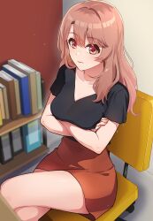 Rule 34 | 1girl, arms under breasts, black bra, black shirt, book, bra, bra visible through clothes, breasts, brown eyes, brown hair, chair, closed mouth, commentary, crossed arms, crossed legs, frown, highres, indoors, kamille (vcx68), large breasts, light particles, long hair, looking at viewer, on chair, oshi no ko, pencil skirt, red skirt, revision, saitou miyako, shelf, shirt, short sleeves, sitting, skirt, solo, thighs, underwear