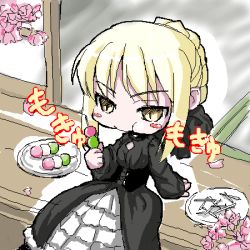 Rule 34 | 00s, 1girl, arm support, artoria pendragon (all), artoria pendragon (fate), blonde hair, blush stickers, brown eyes, cherry blossoms, dango, eating, fate/stay night, fate (series), food, from above, goth fashion, gothic lolita, kozimaki, lolita fashion, lowres, official alternate costume, plate, saber (fate), saber alter, sanshoku dango, sitting, skewer, solo, wagashi, yellow eyes