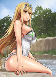 Rule 34 | 1girl, angoha, arm support, bare shoulders, blonde hair, breasts, earrings, gem, hair ornament, headpiece, highres, jewelry, large breasts, mythra (radiant beach) (xenoblade), mythra (xenoblade), nintendo, one-piece swimsuit, pool, sideboob, sitting, smile, super smash bros., swimsuit, tiara, tree, water, xenoblade chronicles (series), xenoblade chronicles 2, yellow eyes