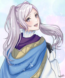 Rule 34 | 1girl, black gloves, eyelashes, fire emblem, fire emblem awakening, fire emblem heroes, from behind, gloves, highres, kousetu0506, long hair, long sleeves, looking at viewer, looking back, nintendo, official alternate costume, open mouth, robin (female) (exalt&#039;s right hand) (fire emblem), robin (female) (fire emblem), robin (fire emblem), shirt, signature, solo, teeth, twintails, upper body, upper teeth only, white hair, white shirt