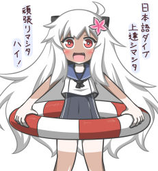 Rule 34 | 1girl, :d, abyssal ship, ahoge, alternate costume, cosplay, fang, feiton, flower, hair flower, hair ornament, highres, horns, innertube, kantai collection, long hair, looking at viewer, mittens, northern ocean princess, one-piece swimsuit, open mouth, red eyes, ro-500 (kancolle), ro-500 (kancolle) (cosplay), school swimsuit, school uniform, serafuku, smile, solo, swim ring, swimsuit, swimsuit under clothes, tan, tanline, translation request, white hair