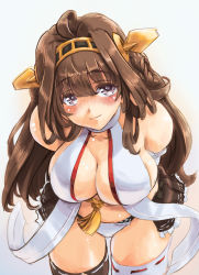 Rule 34 | 10s, 1girl, adapted costume, ahoge, bare shoulders, bikini, blue eyes, blush, breasts, brown hair, collarbone, detached sleeves, double bun, hair bun, hairband, headgear, highres, kantai collection, kiyama satoshi, kongou (kancolle), large breasts, leaning forward, long hair, plump, simple background, smile, solo, swimsuit, thick thighs, thighhighs, thighs, white background, white bikini