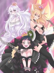 Rule 34 | 3girls, absurdres, black dress, black eyes, black hair, blonde hair, blue eyes, bowsette, breasts, chain, chain chomp, chain leash, choker, cleavage, cuffs, dress, earrings, gloves, highres, honds, jewelry, large breasts, leash, looking at viewer, luigi&#039;s mansion, mario (series), multiple girls, necklace, nintendo, pointy ears, princess chain chomp, princess king boo, purple eyes, shackles, shroomsie, super crown, tears, white dress, white gloves, white hair