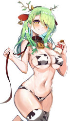 Rule 34 | 1girl, absurdres, animal ears, animal print, antlers, bell, bikini, bottle, branch, breasts, brown collar, ceres fauna, collar, cow ears, cow horns, cow print, cow print bikini, cowbell, ear tag, eyepatch bikini, green hair, grin, highres, hololive, hololive english, horns, large breasts, leaf, leash, long hair, milk bottle, navel, print bikini, print thighhighs, rpg (ram), simple background, smile, solo, stomach, swimsuit, thighhighs, thighs, virtual youtuber, white background, yellow eyes