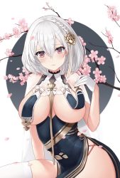 Rule 34 | 1girl, absurdres, arm support, azur lane, blush, braid, branch, breast curtain lift, breast curtains, breasts, cherry blossoms, china dress, chinese clothes, circle, cleavage, clothes lift, commentary, covered erect nipples, cowboy shot, dress, falling petals, floral print, flower, gloves, grey dress, hair between eyes, hair flower, hair intakes, hair ornament, half gloves, highres, large breasts, looking at viewer, neckwear between breasts, pelvic curtain, petals, red eyes, revealing clothes, see-through, see-through sleeves, short hair, side braid, side slit, sidelocks, sirius (azur lane), sirius (azure horizons) (azur lane), sitting, sleeveless, sleeveless dress, smile, solo, stira, thighhighs, underboob, white background, white gloves, white hair, white thighhighs