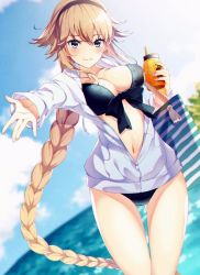 Rule 34 | 1girl, bag, beach, bikini, black bikini, black hairband, blonde hair, breasts, cup, drinking glass, fate/grand order, fate (series), front-tie bikini top, front-tie top, hairband, holding, holding cup, hood, hooded jacket, jacket, jeanne d&#039;arc (fate), jeanne d&#039;arc (ruler) (fate), jeanne d&#039;arc (swimsuit archer) (fate), jeanne d&#039;arc (swimsuit archer) (first ascension) (fate), long hair, looking at viewer, medium breasts, navel, outdoors, outstretched arm, ponytail, rei (pixiv 187780), smile, standing, swimsuit, unzipped