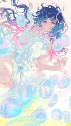 Rule 34 | 1girl, air bubble, blue hair, breasts, bubble, closed mouth, curly hair, dress, elbow gloves, frilled dress, frills, from below, gloves, gradient hair, jellyfish, light smile, long hair, looking at viewer, multicolored eyes, multicolored hair, original, pink hair, reia, single elbow glove, sleeveless, sleeveless dress, small breasts, solo, strapless, strapless dress, underwater, white dress, white gloves
