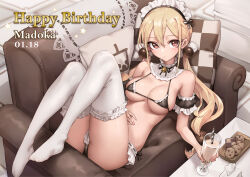 Rule 34 | 1girl, armband, bell, birthday, black bra, black panties, black ribbon, blonde hair, bra, breasts, bridal garter, brown eyes, bubble tea, closed mouth, cookie, couch, cup, dated, detached collar, drinking straw, food, frilled armband, frilled bra, frilled panties, frills, from above, hair bobbles, hair ornament, hand on own stomach, happy birthday, high collar, large breasts, light frown, long hair, looking at viewer, low twintails, lying, neck bell, neck ribbon, on back, on couch, oopartz yang, panties, pillow, ribbon, solo, string bra, string panties, thighhighs, tissue box, twintails, underwear, white thighhighs, xiaoyuan (you can eat the girl), you can eat the girl