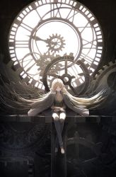 Rule 34 | 1girl, ahoge, backlighting, black jacket, black pants, blazer, blonde hair, breasts, broken, buttons, character request, clock, clock tower, clockwork, closed eyes, closed jacket, closed mouth, coat, copyright request, crossed arms, dappled sunlight, floating clothes, floating hair, gears, highres, jacket, korean commentary, ledge, light particles, long hair, medium breasts, no socks, open clothes, open jacket, over shoulder, overcoat, pants, shadow, shirt, shoes, sitting, smile, solo, sunlight, tower, very long hair, vikpie, window, yellow shirt
