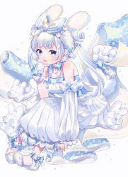 Rule 34 | 1girl, absurdres, asymmetrical sleeves, bare shoulders, blue eyes, crescent print, detached sleeves, double bun, dress, full body, grey hair, hair bun, hairband, highres, looking at viewer, mismatched sleeves, neck ribbon, original, ribbon, shoulder strap, solo, stuffed animal, stuffed toy, tsubaki tsubaru, twintails, white dress, white hairband, white sleeves, wing hair ornament, wrist cuffs