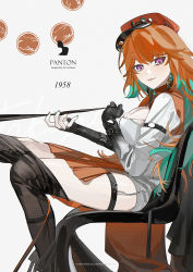 1girl alternate_costume beret black_pantyhose breasts chair cleavage cleavage_cutout clothing_cutout colored_inner_hair commentary from_side green_hair grey_background grey_shirt hat highres holding holding_leash hololive hololive_english k00s leash looking_at_viewer medium_breasts multicolored_hair orange_hair orange_hat orange_skirt pantyhose purple_eyes shirt sitting skirt smile solo takanashi_kiara thigh_strap virtual_youtuber